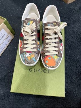 Gucci Kids Brown Leather Cartoon-Print Low-Top Sneakers with Orange Accents